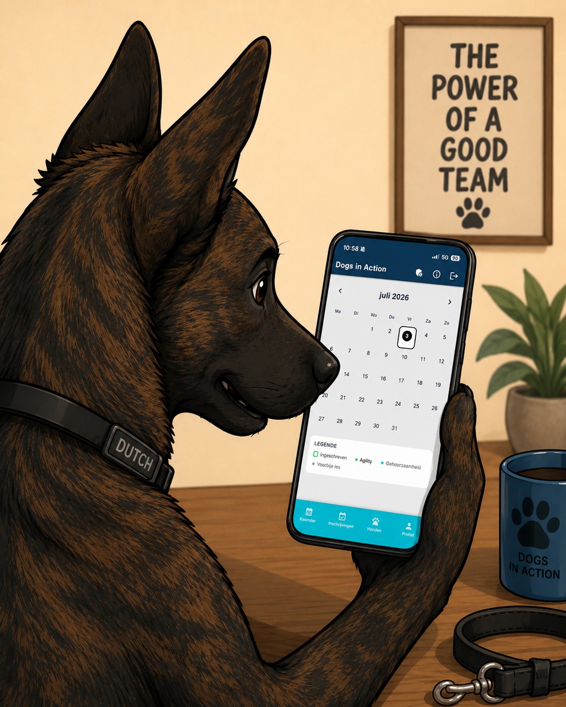 Hond bekijkt de kalender in de nieuwe Dogs in Action app