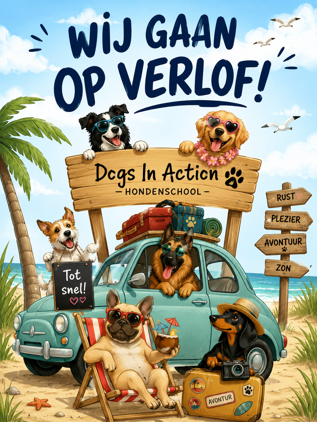 Dogs in Action honden op verlof aan zee met een koffer en een strandstoel